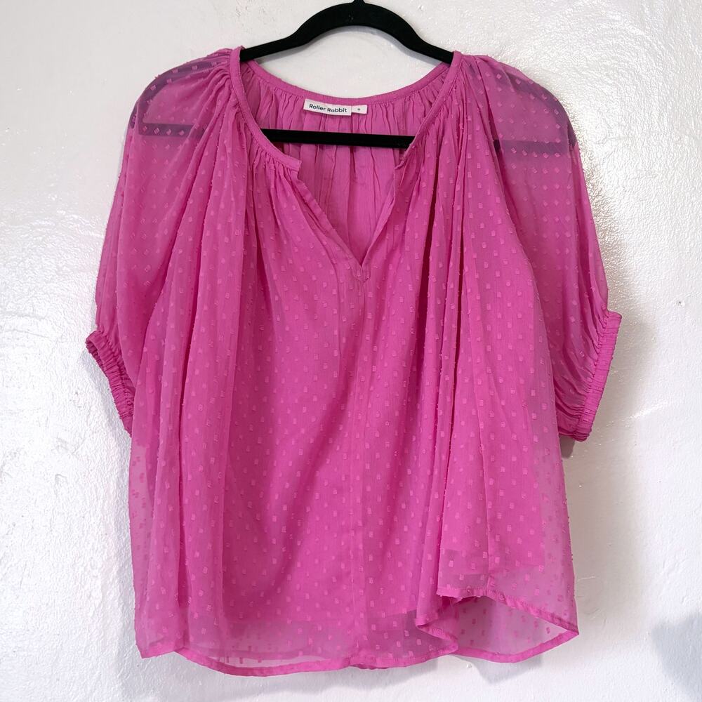 Roller Rabbit Pink Swiss Dot Cotton Lined Puff Sleeve Blouse Size M